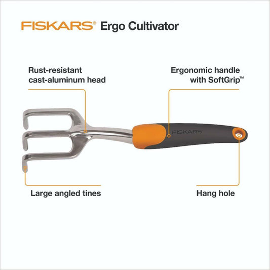 Fiskars Ergo Cultivator Heavy Duty Garden Tool with Hanging Hole 12"
