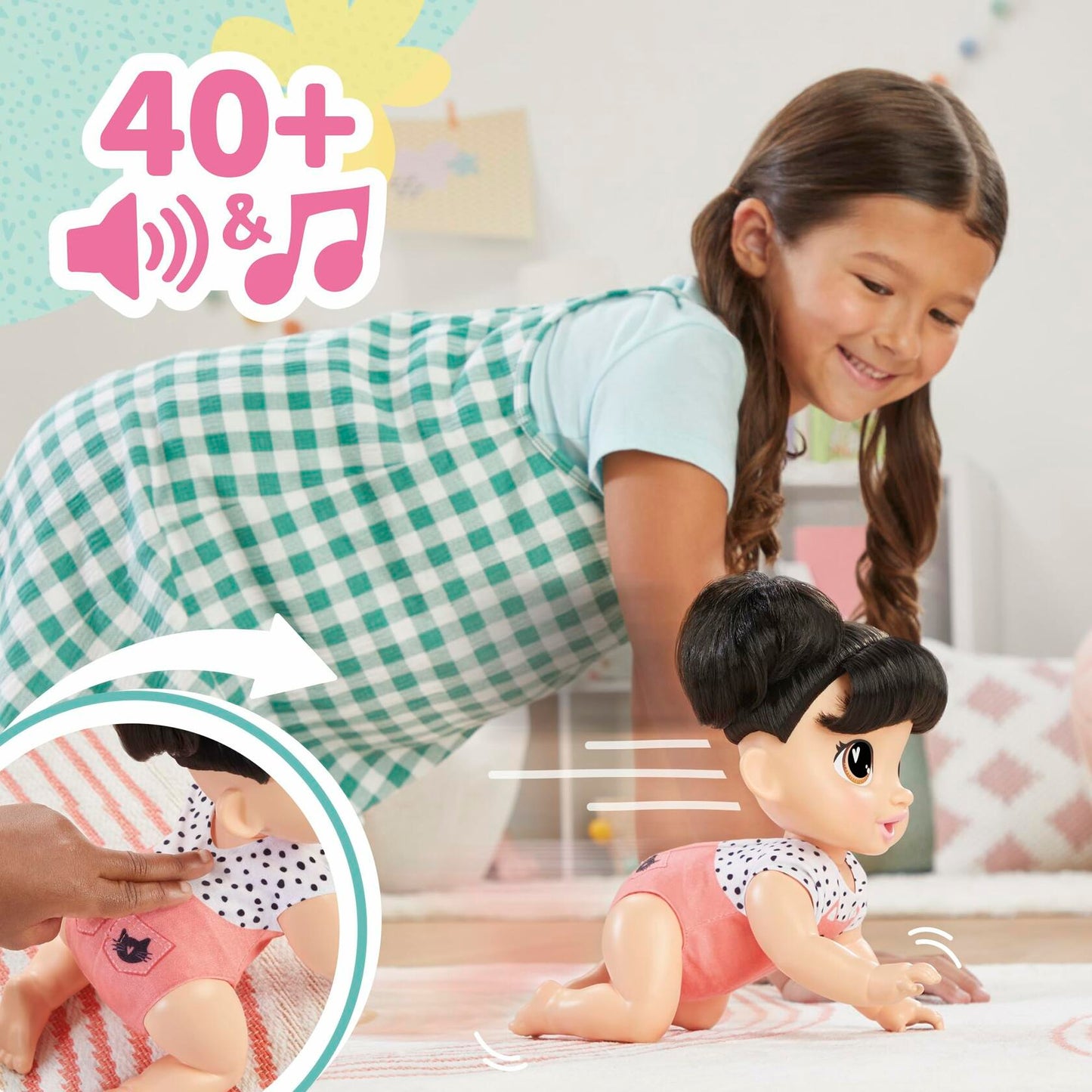 Baby Alive Crawl 'n Play Katie Kat Doll Black Hair 10.75in Electronic Toy