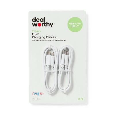 Dealworthy USB-C to USB-C Charging Cable 3ft White 2pk Male-To-Male Connector