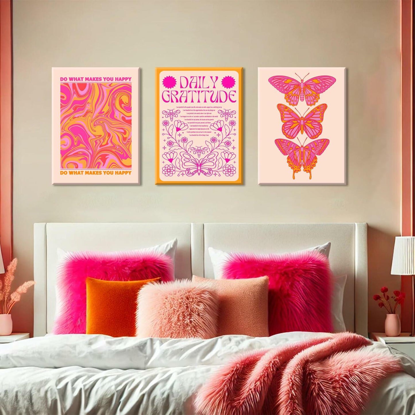 Preppy Daily Gratitude Wall Art Set of 3 Pink Orange Butterfly 12x16in
