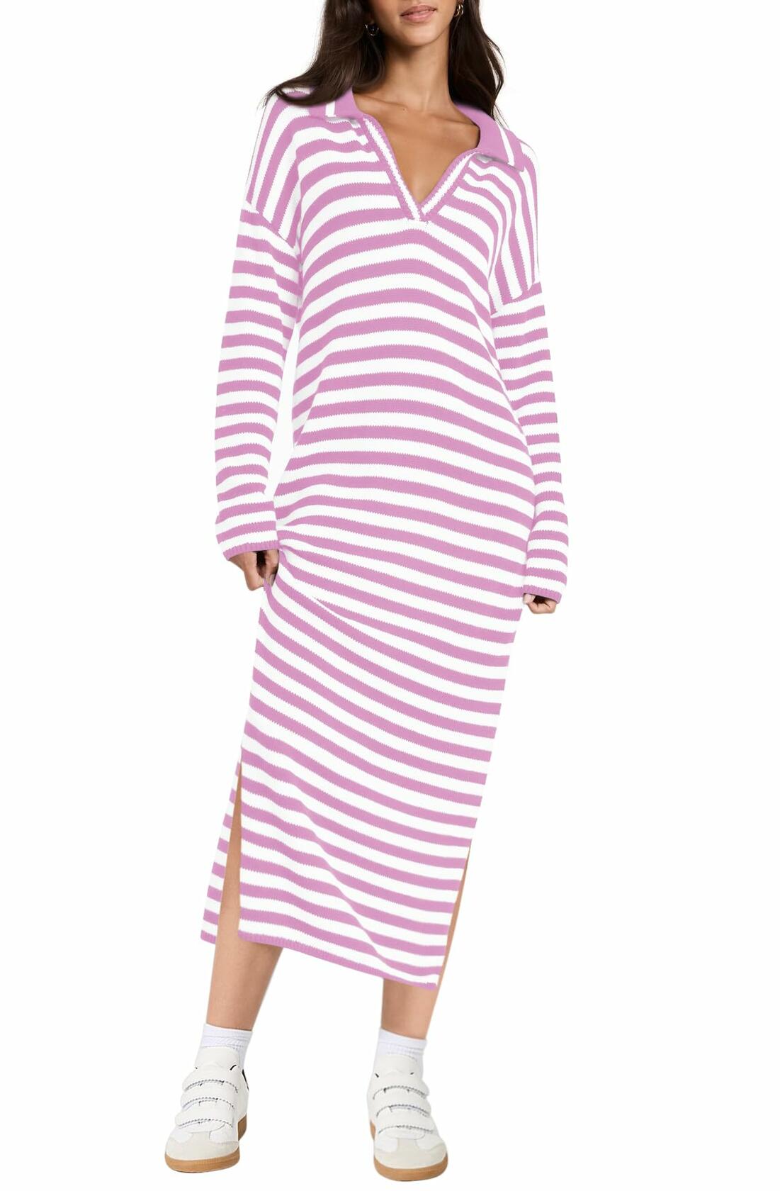 Yousify Womens Striped Long Sleeve V Neck Collared Maxi Sweater Dress Purple L