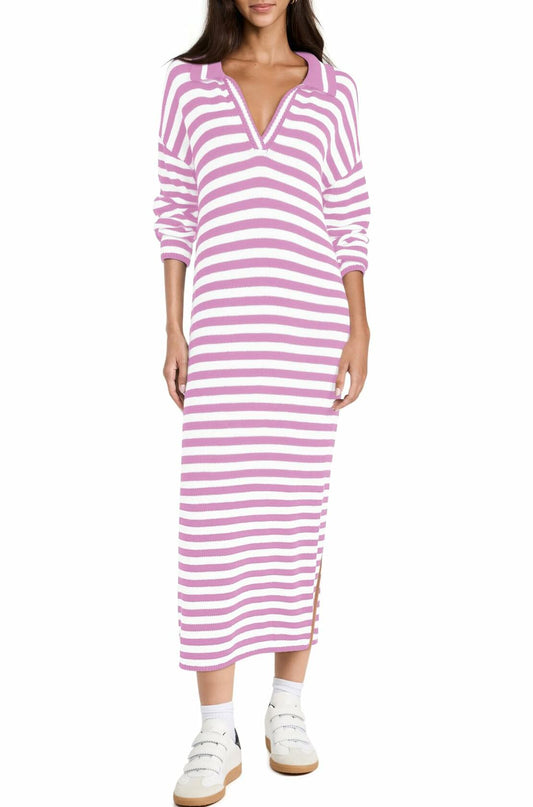 Yousify Womens Striped Long Sleeve V Neck Collared Maxi Sweater Dress Purple L