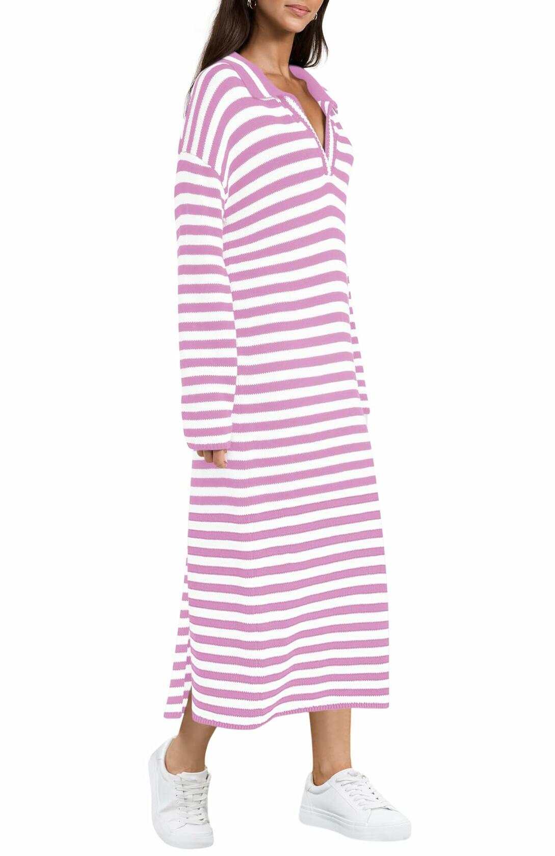 Yousify Womens Striped Long Sleeve V Neck Collared Maxi Sweater Dress Purple L