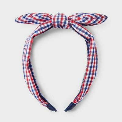 Headband Americana Plaid with Tails Top Knot Red White Blue