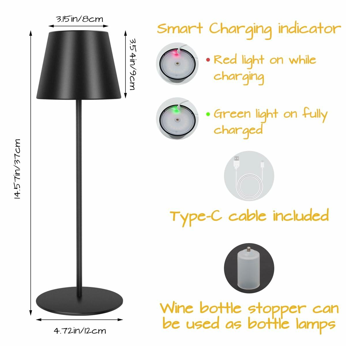 sunzone Cordless RGB Table Lamp 2 Pack Rechargeable Dimmable Black