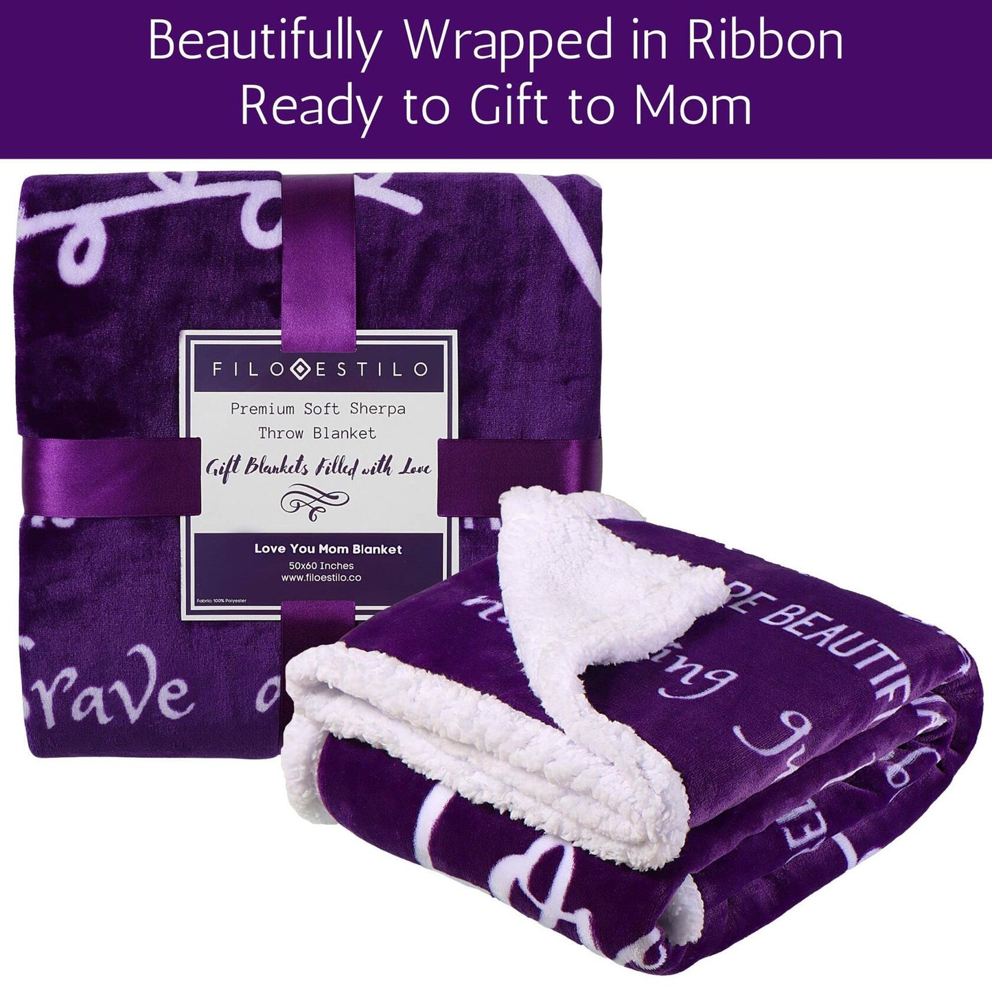 FILO ESTILO Love You Mom Sherpa Throw Blanket 60x50 Purple Violet