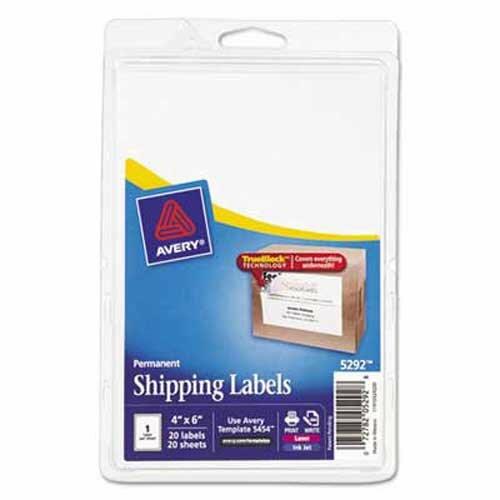 Avery Shipping Labels w/Ultrahold Ad & TrueBlock Laser/Inkjet 4 x 6 White 20Pack