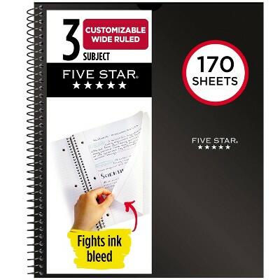Five Star 3 Subject Wide Ruled Spiral Notebook 8x10.5 Black 170 Sheets