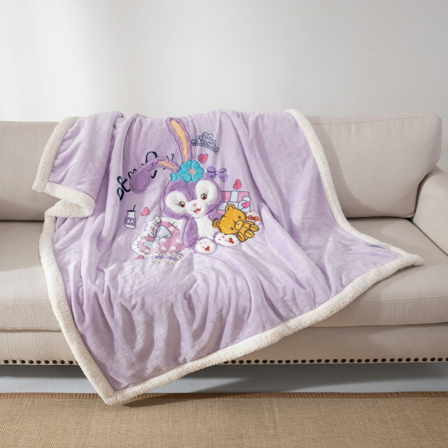 COSUSKET Kids Stella Lou 3D Embroidery Sherpa Rabbit Throw Blanket Beige 50x60in