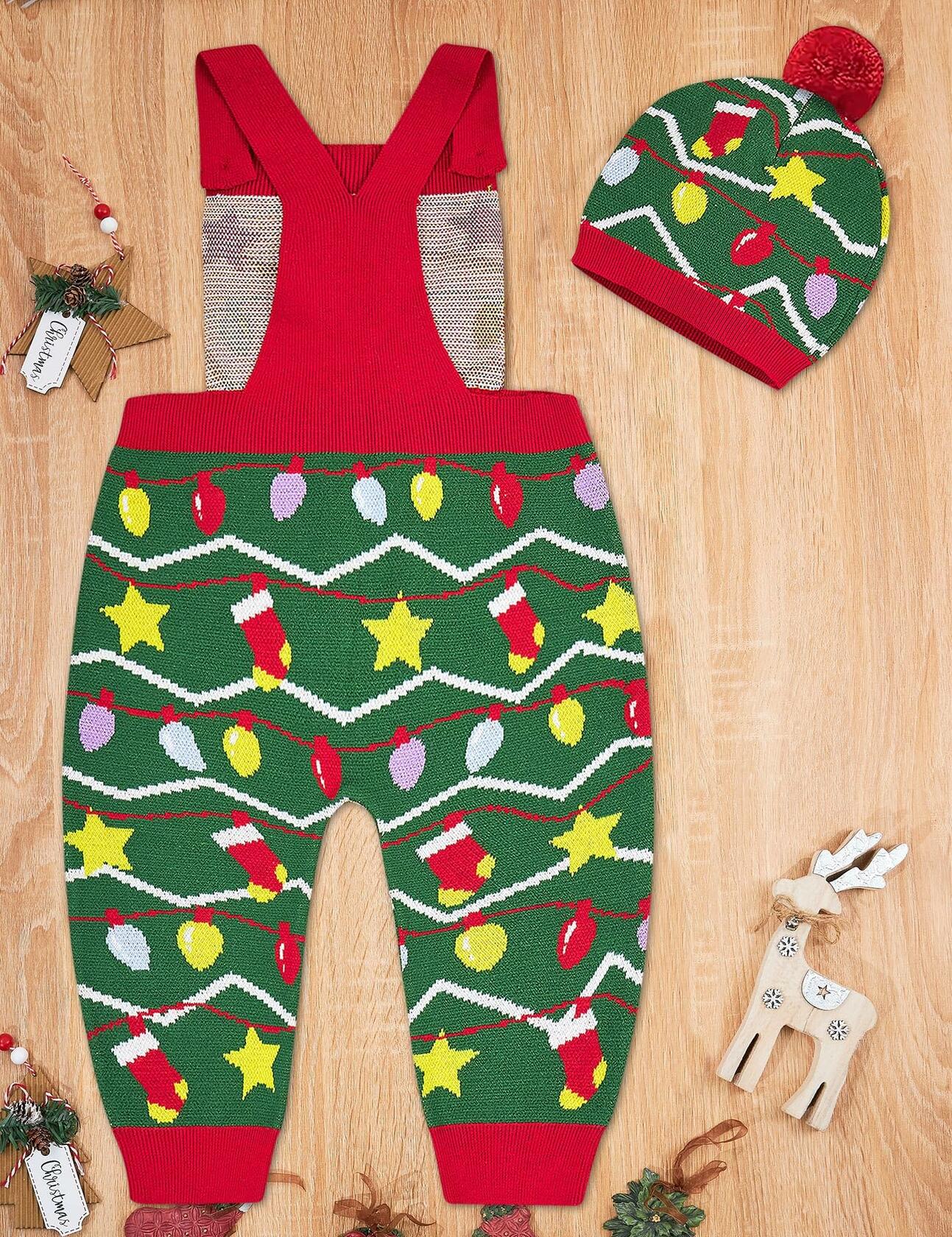 SunFocus Baby Christmas Ugly Sweater Romper Overalls Green Size 0-3M 3-6M