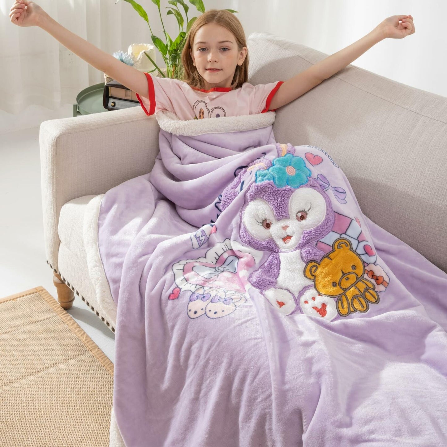 COSUSKET Kids Stella Lou 3D Embroidery Sherpa Rabbit Throw Blanket Beige 50x60in