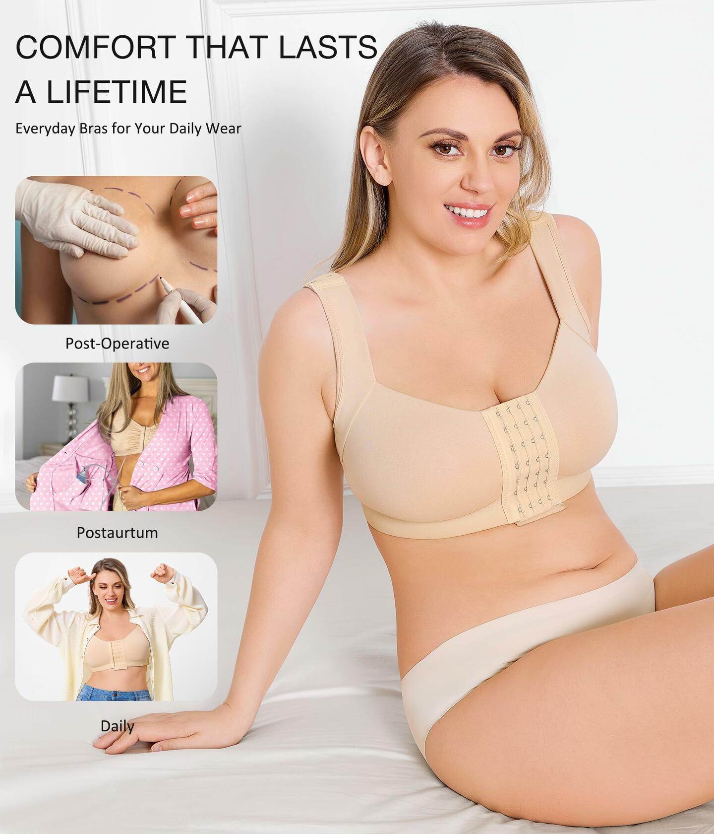BRABIC Front Closure Compression Bra Wireless Beige Size 3XL