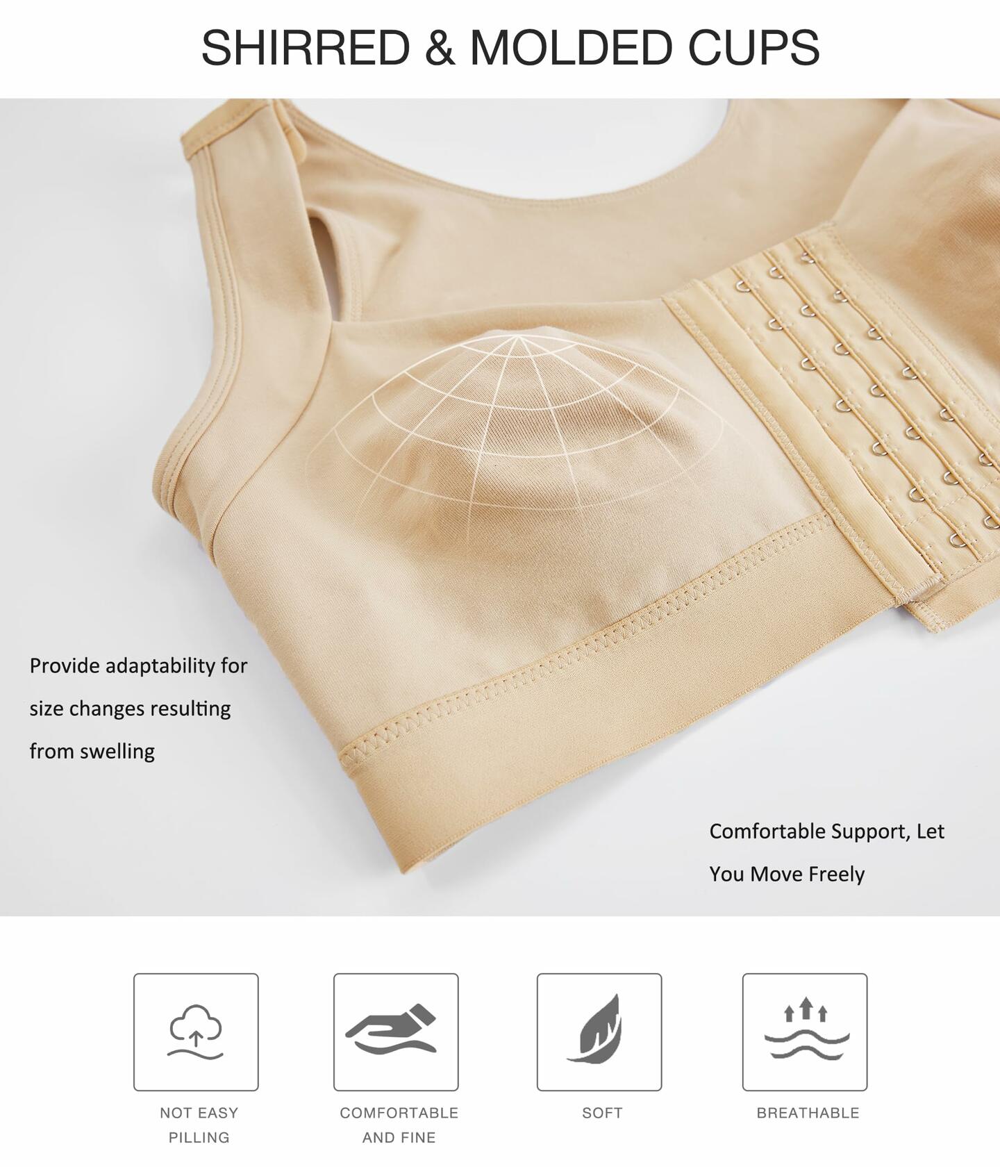BRABIC Front Closure Compression Bra Wireless Beige Size 3XL