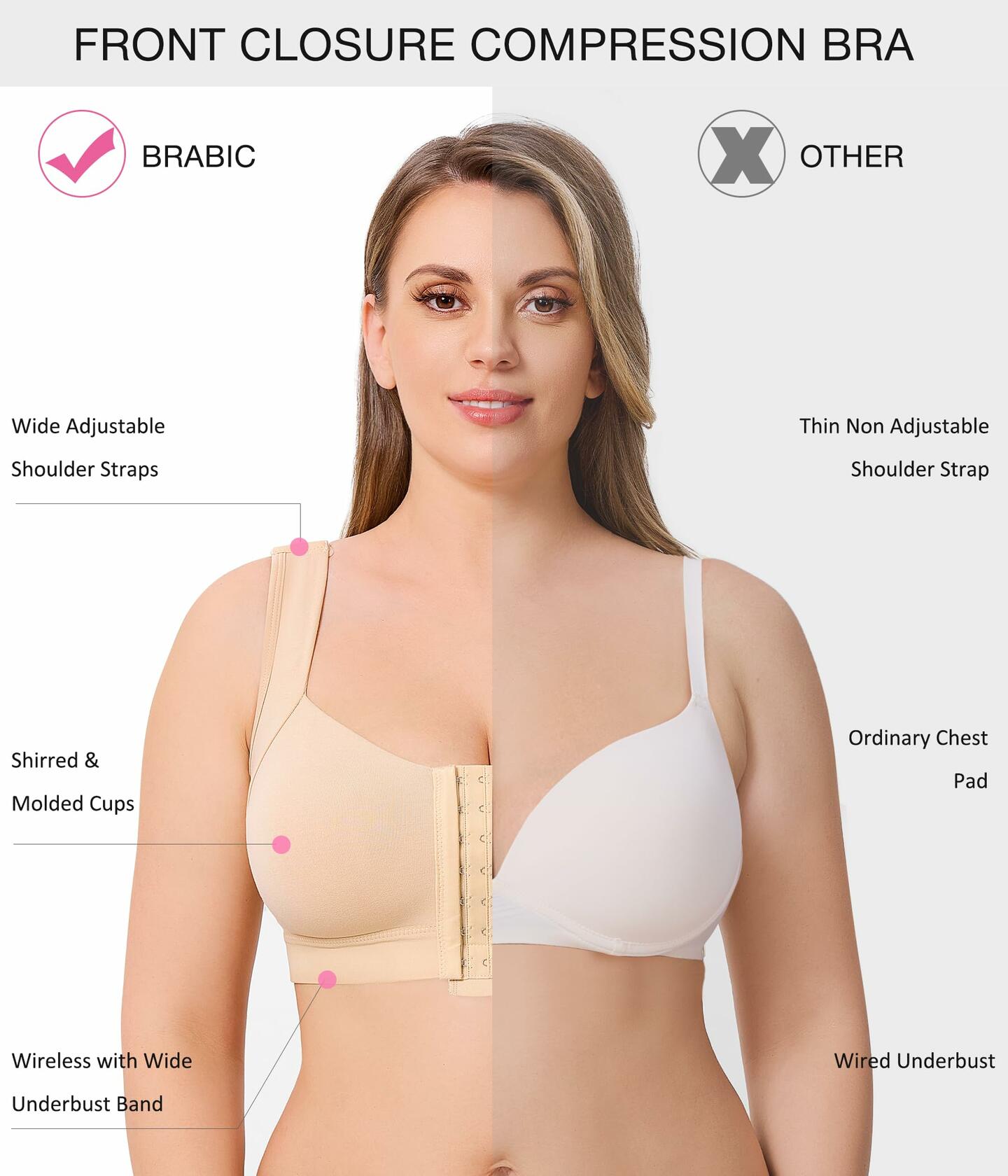 BRABIC Front Closure Compression Bra Wireless Beige Size 3XL