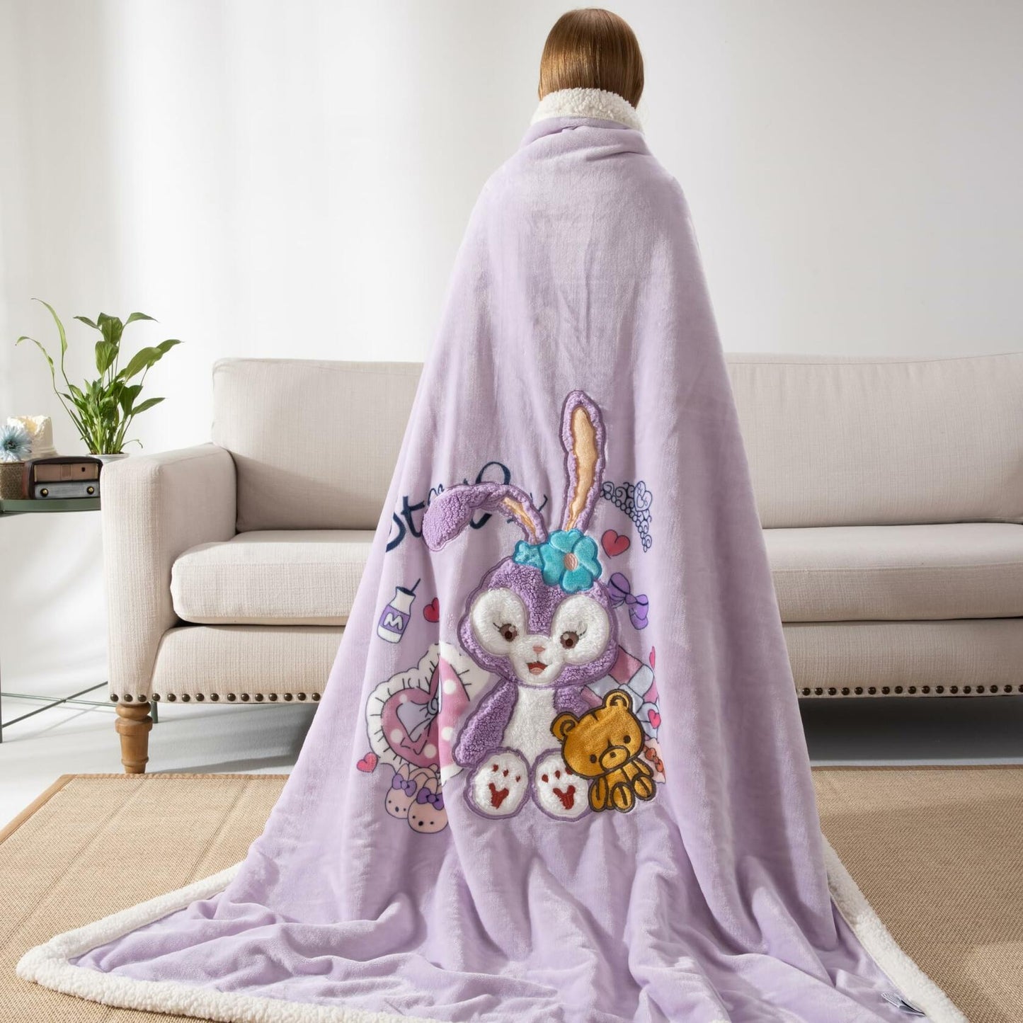 COSUSKET Kids Stella Lou 3D Embroidery Sherpa Rabbit Throw Blanket Beige 50x60in