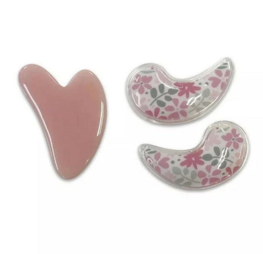 Tiger Eye gua sha + floral cooling eye patches, Pink 3-piece set
