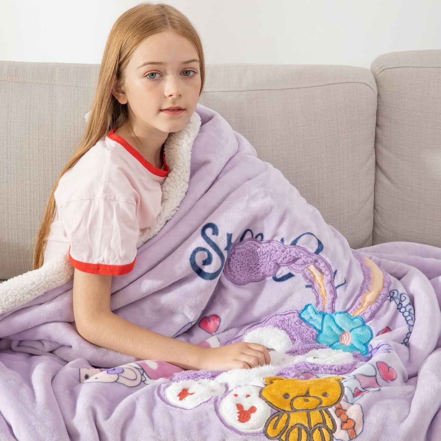 COSUSKET Kids Stella Lou 3D Embroidery Sherpa Rabbit Throw Blanket Beige 50x60in