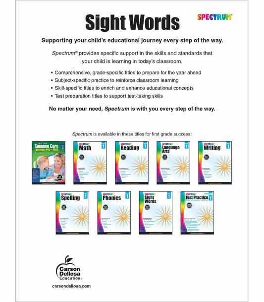 Spectrum Grade 1 Sight Words Workbook with Flash Cards and Sentences