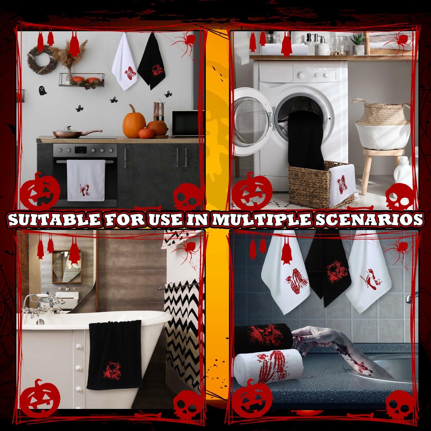 Fanfanwin Halloween Embroidered Cotton Hand Towels 13.7x29.5 3pc White Black