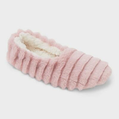 Auden Women's Ribbed Faux Plush Cozy Pull-On Slipper Socks Light Pink Size S/M