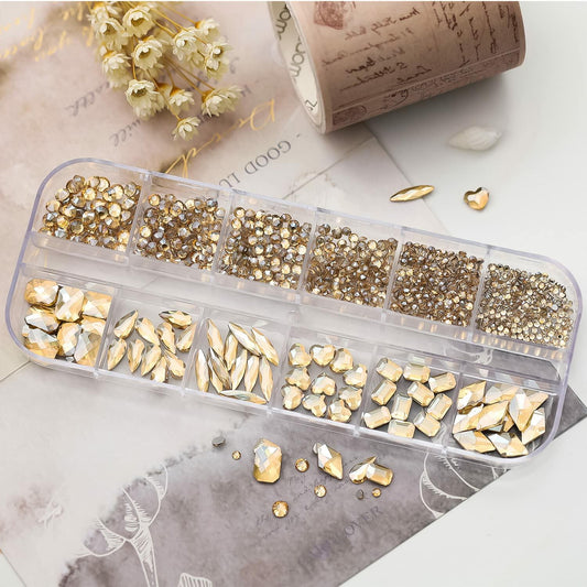 Nail Rhinestones Champagne Gold 1130pcs Flat Back 12 Grids DIY Craft