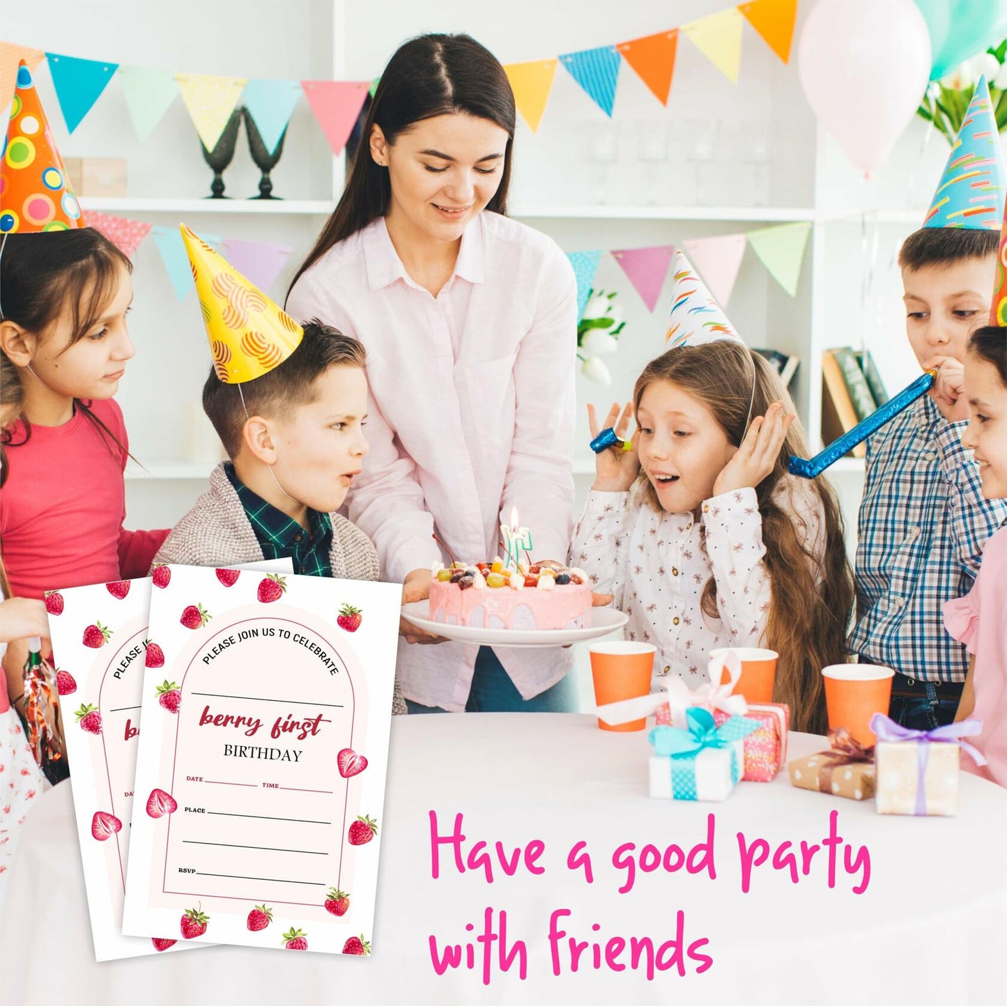 EXW 4x6 Birthday Invitations Berry Strawberry Pink Floral 20 Pcs Modern