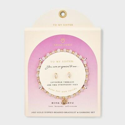 Double Heart Charm Beaded Bracelet & Stud Earrings Set Rose Quartz 2pc