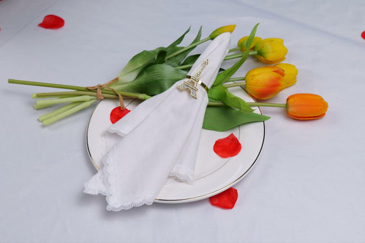 Cloth Dinner Napkins with Lace - Linen Rayon Cotton Blend -White