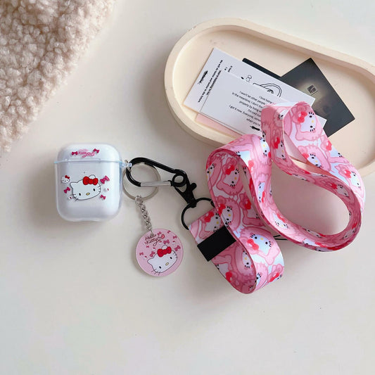 LZHZXM Hello Cartoon Cat TPU Case with Pink Lanyard Keychain Transparent
