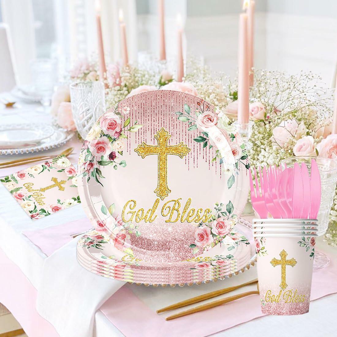 Honruida 169pcs Pink First Communion Baptismal Plates Napkins Tablecloth Cups