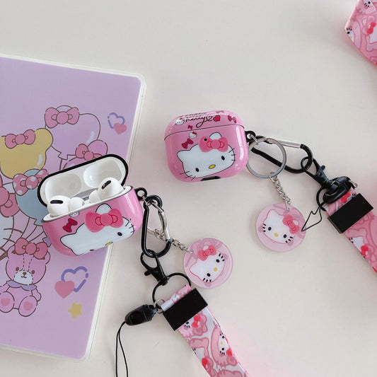 LZHZXM Cute Hello Cartoon Cat TPU Case with Pink Kawaii Lanyard Keychain
