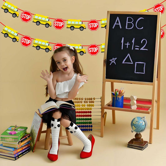 Corabsar 2Pcs Back to School Bus Banner Pre-Strung Paper Classroom Decor