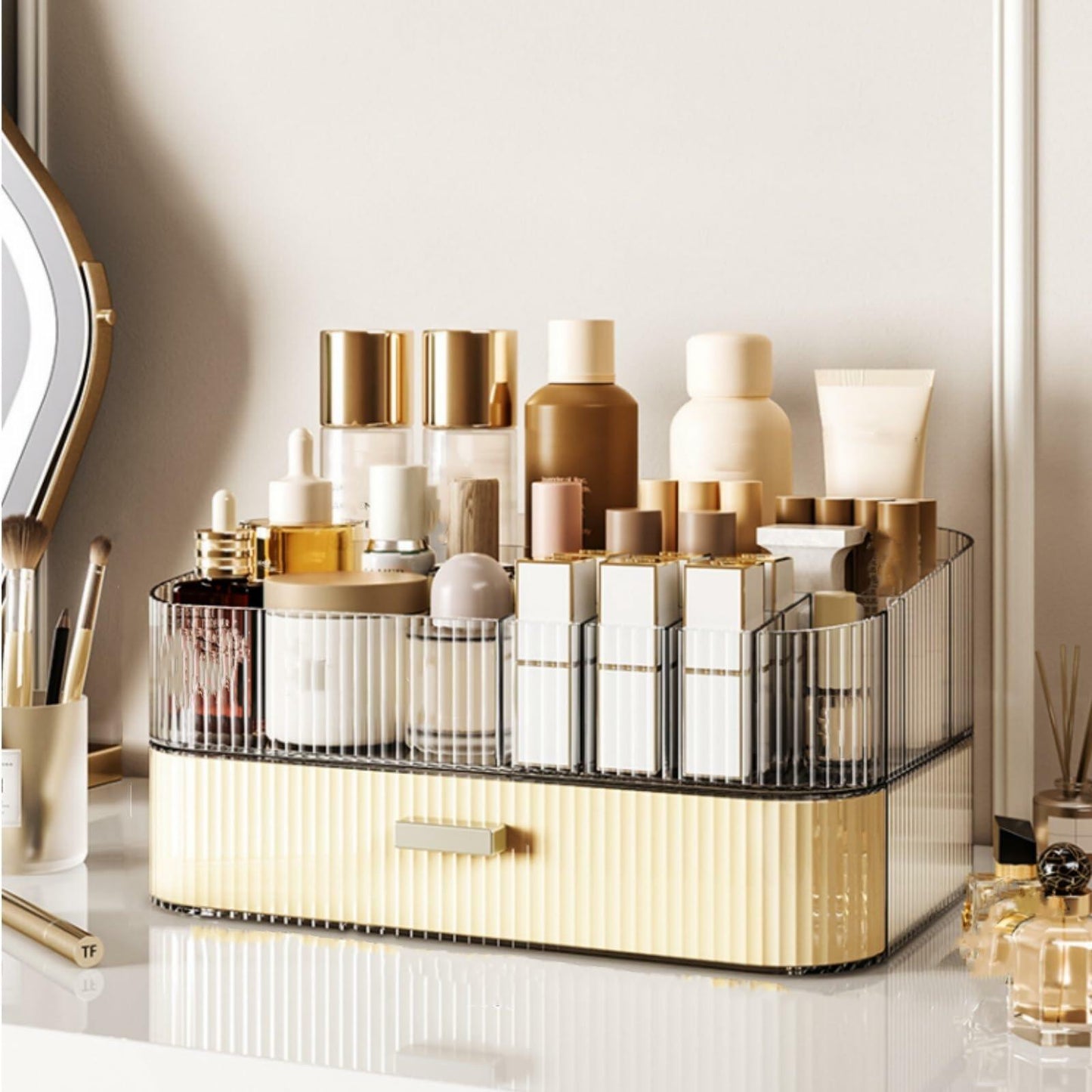 Acshio Clear Makeup Organizer with Drawer Stackable Vanity Storage Dustproof