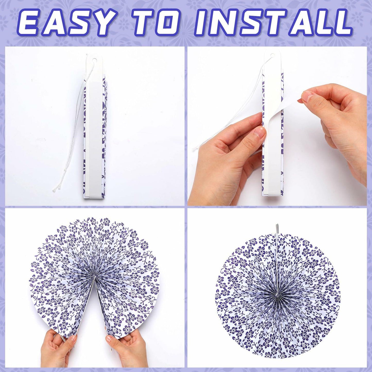 Wonderjune Chinoiserie Hanging Paper Fans Blue White 12 Pcs Party Decor