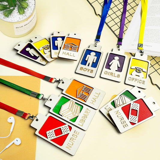 12 Sets Hall Pass Lanyards & Unbreakable Wooden Bathroom Passes Classroom