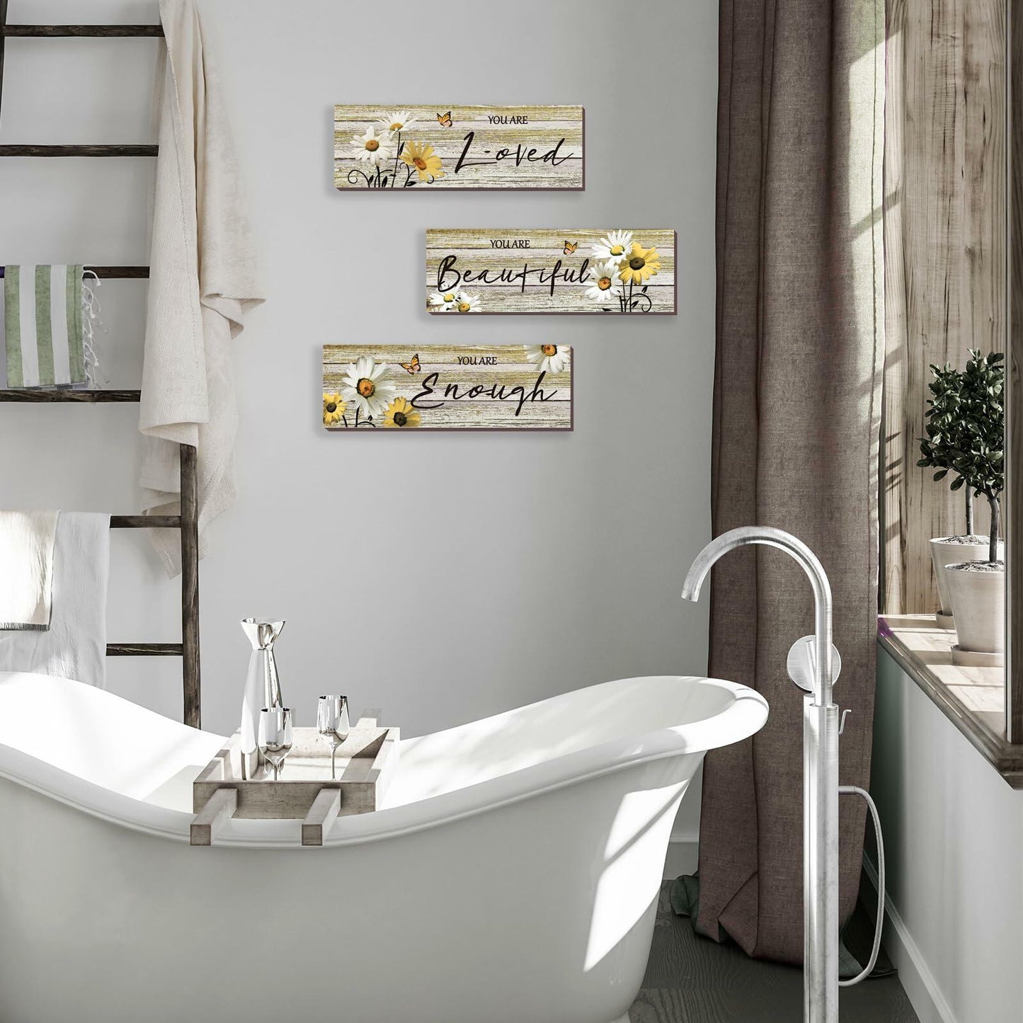 ONIZHITY Yellow Daisy Wooden Wall Decor 3 Pcs Floral Inspirational 12x4