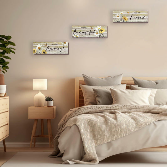 ONIZHITY Yellow Daisy Wooden Wall Decor 3 Pcs Floral Inspirational 12x4