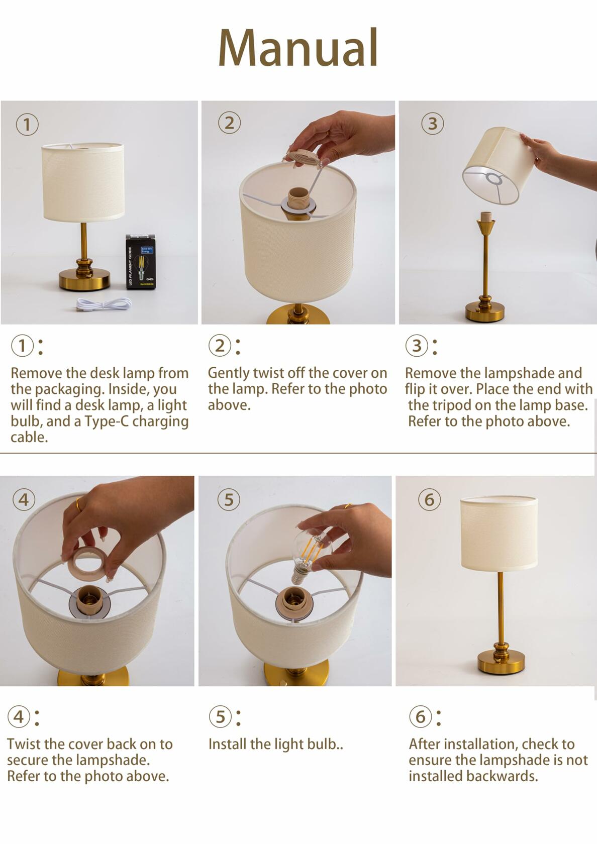 HEQET Cordless Table Lamp Small Gold Portable Rechargeable 2-Level Brightness