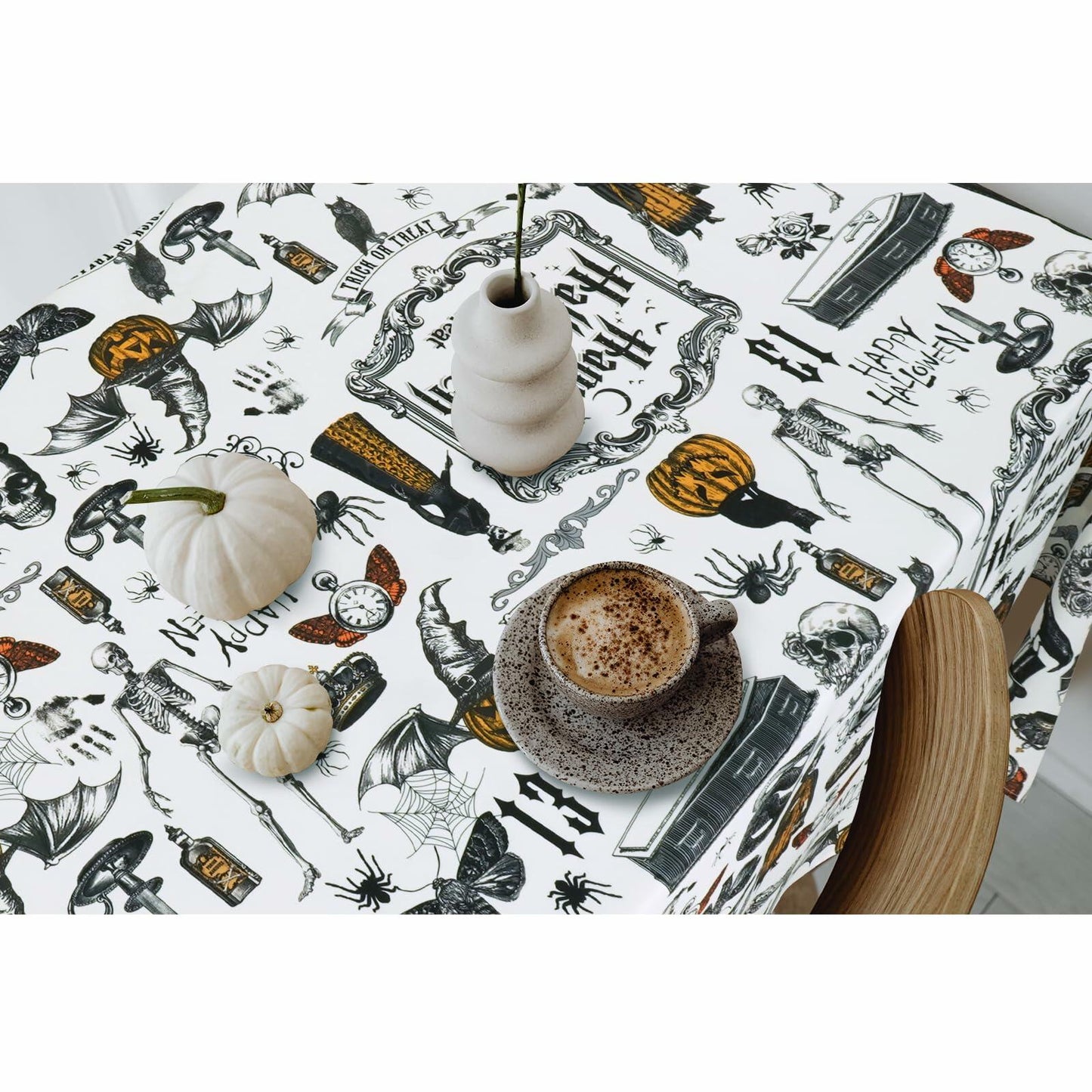 aoselan Halloween Waterproof Skeleton Spider Web Tablecloth 60x120 Inch