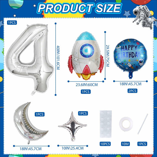 HXOUSE 6Pcs Extra Large Space Balloon Set Rocket Moon Planet Silver No.4