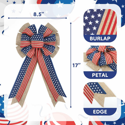 YanJie 4th of July American Flag Burlap Wreath Bow Patriotic Decor Stripes