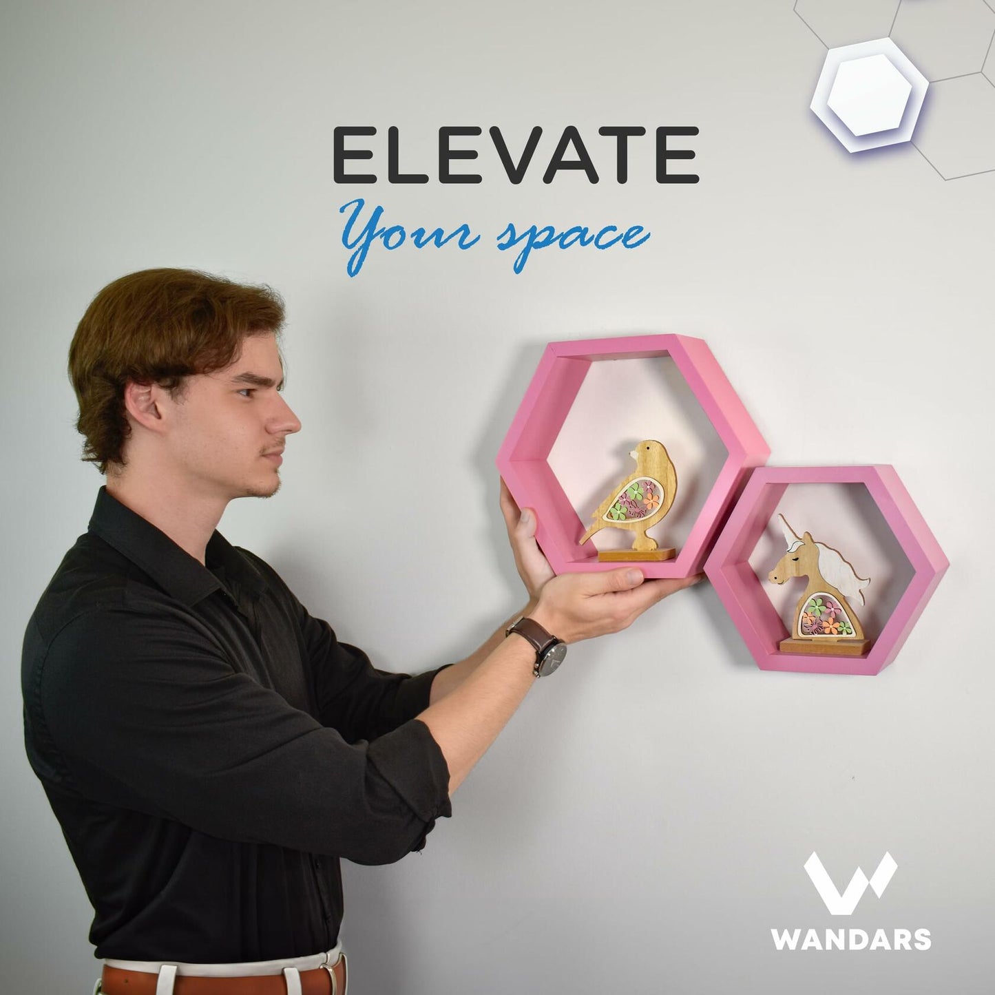 Wandars Hexagon Honeycomb Shelves Set of 2 Pine Wood Rose Quartz 11x11x9.5