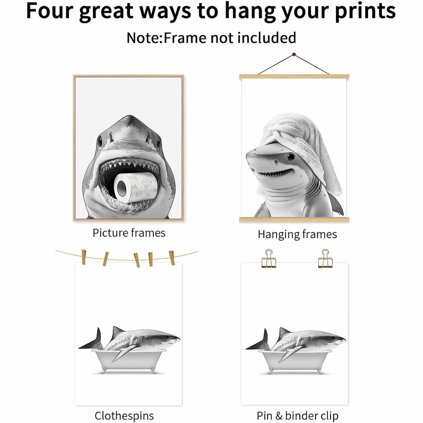 YOYIAXT 3-Piece Bathroom Canvas Wall Art Shark Black White 12x16 in