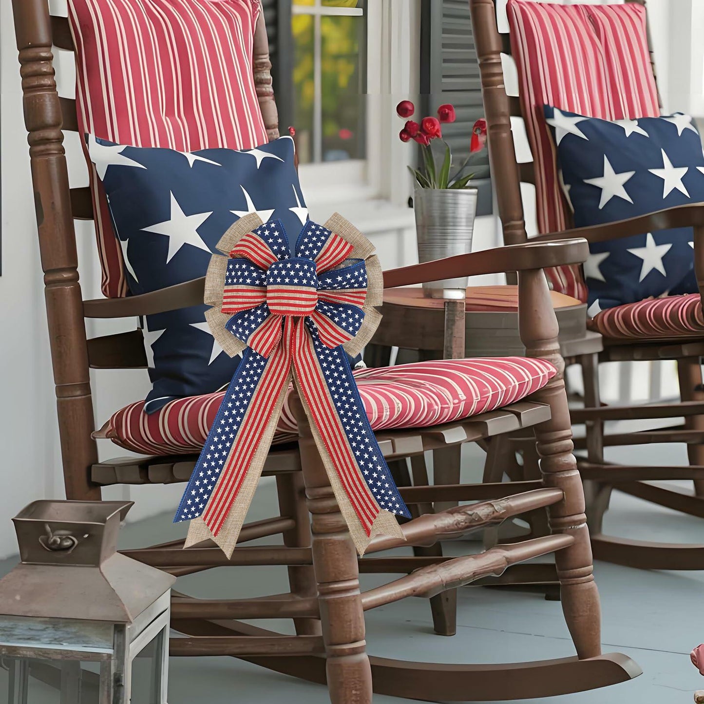YanJie 4th of July American Flag Burlap Wreath Bow Patriotic Decor Stripes