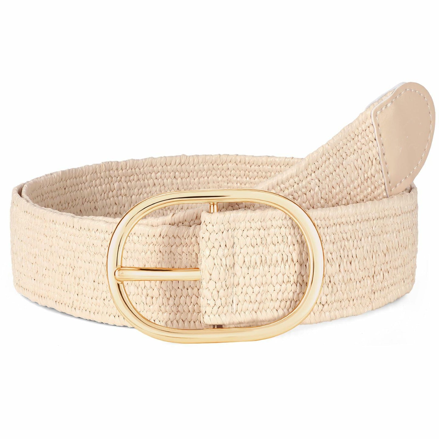 WOWOGO Women Straw Woven Rattan Stretch Belt Boho Beige Waist up to 33" Size