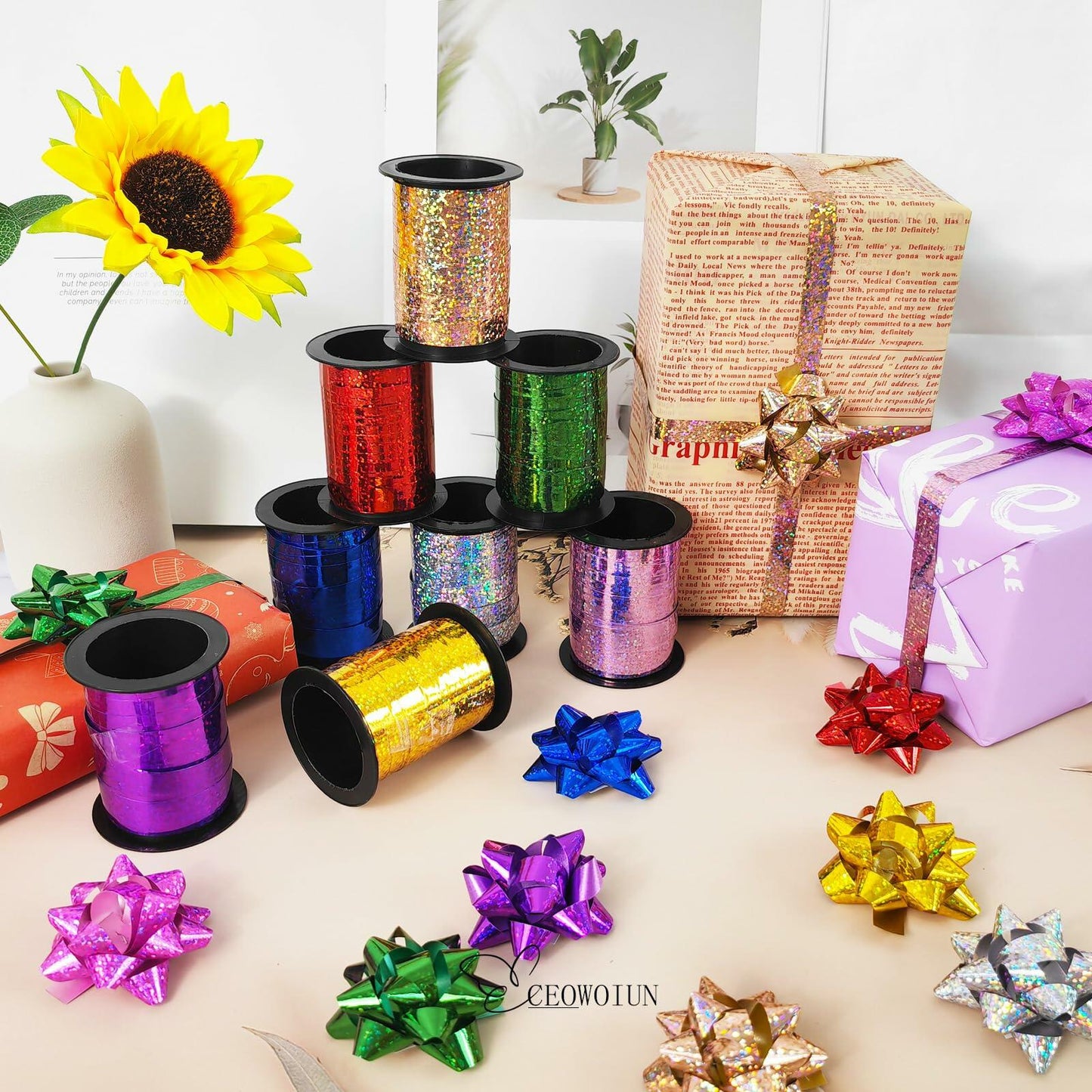 CEOWOIUN Pink Glitter Curling Ribbon Metallic 4PCS 2in & 3/8in x 10yds