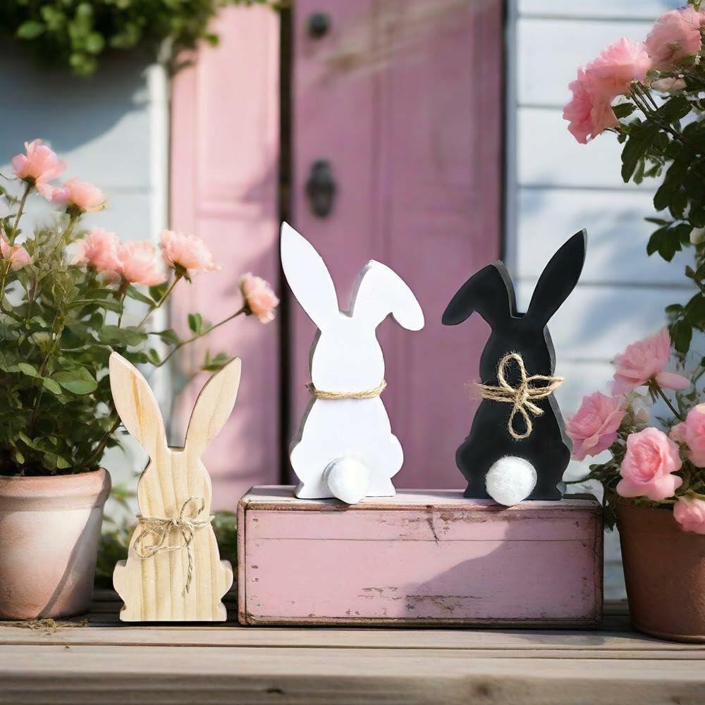 Hryxic 3 Pcs Easter Bunny Wooden Decorations Table Centerpiece White Black