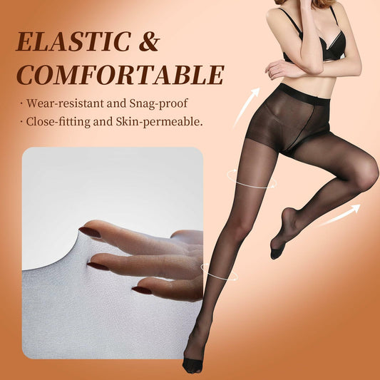 Delcast Women's Sheer Tights 20D Black High Waist Control Top 3 Pairs M