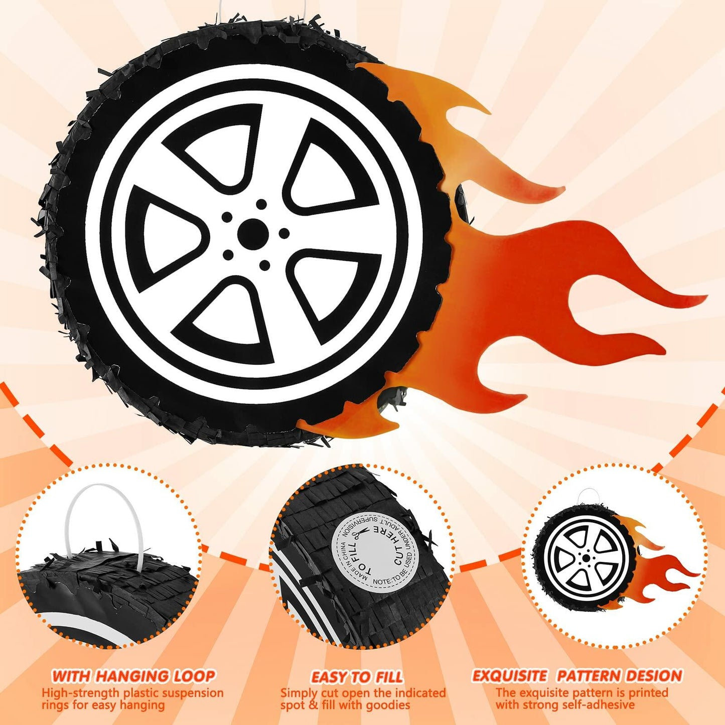 Meooeck Car Wheel Pinata Race Car Party Supplies 12.9 Inch Red Cardboard