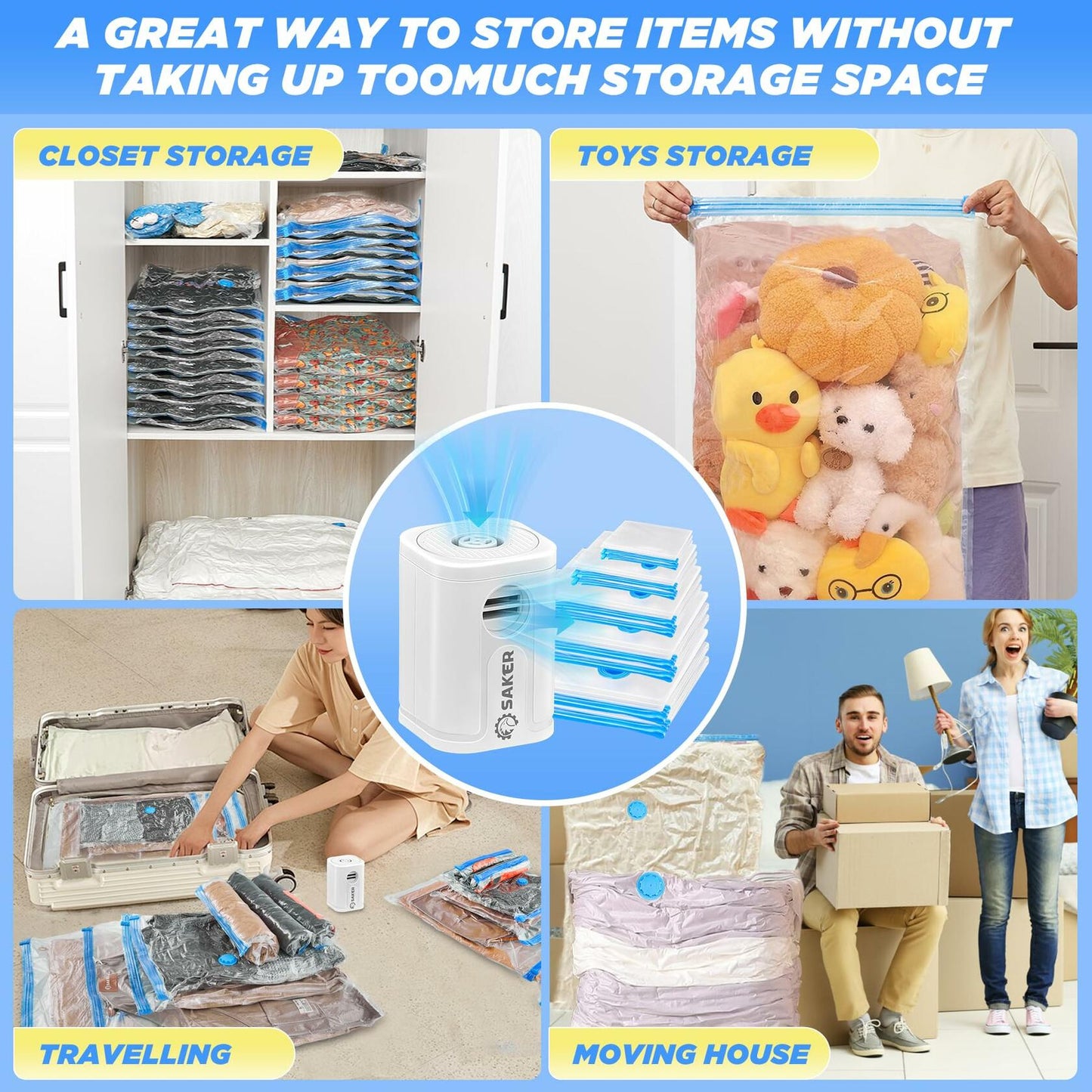 Saker Vacuum Storage Bags Electric Pump 15 Pack Multi-Size Transparent